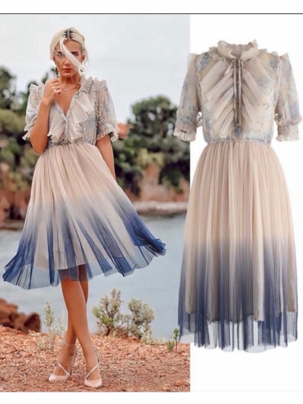 Chicwish Cream to Blue Ombre Pleated Midi Dress